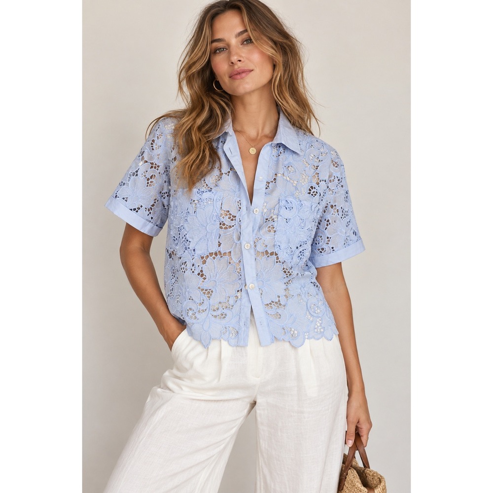 NVLT Blue Floral Lace Eyelet Button Front Cropped Shirt Top M Romantic Coquette